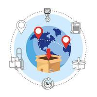 delivery icons with box and globe showing map points vector