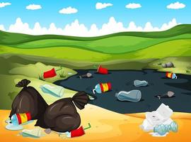 Landscape with garbage in river and around  vector