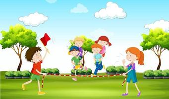 Kids playing piggy back ride in the park vector