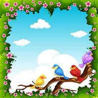 Birds on a branch in frame of leaves and flowers vector