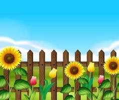 Wooden fence with flowers in the garden vector