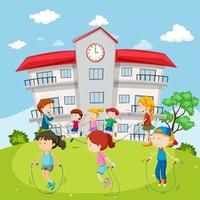 Kids jumping rope in front of school  vector