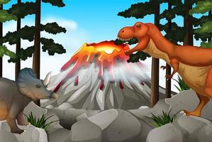 Scene with dinosaurs and volcano vector