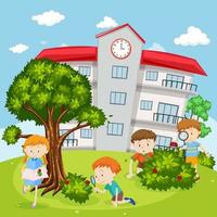 Children looking at bugs  in school yard vector