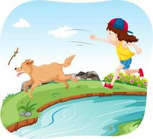 Girl playing with dog in the park vector