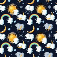 Weather icons seamless pattern with sun, clouds, moon, rainbow, rain, snow and lightning. vector