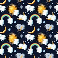 Patrón sin fisuras de los iconos del tiempo con sol, nubes, luna, arco iris, lluvia, nieve y rayos. vector