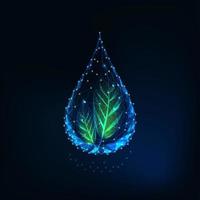 Futuristic glowing transparent low polygonal water drop with green leaves vector