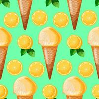 Lemon mint ice cream cone seamless patterns with lemon slices and green leaves vector