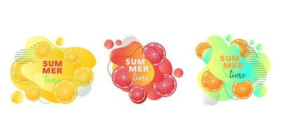 Banners web de horario de verano con frutas limón, naranja, pomelo y formas líquidas abstractas vector