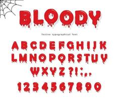 Fuente de sangre de Halloween. ABC brillante rojo líquido letras y números. vector