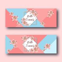 Hola pancartas web de verano con flores de lirio, marco de diamante blanco y texto en coral y azul. vector