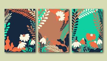 Conjunto de carteles de verano con flores de manzanilla planas, plantas de pastizales y hojas vector