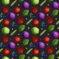 Seamless pattern with fesh vegetables, fruits, berries and green leaves vector