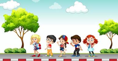 Children standing on sidewalk  vector