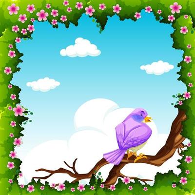 Purple bird on the branch with leaf and flower frame 
