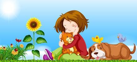 Girl and pets in the garden vector