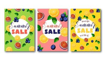 Summer sale flyers set with bright colorful fruits vector