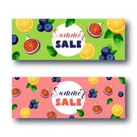 Banner de venta de verano con frutas coloridas brillantes vector