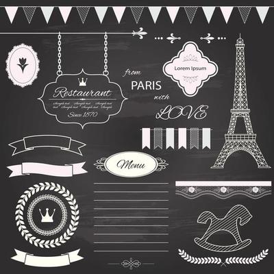 Paris Themed Design elements set on chalkboard background.