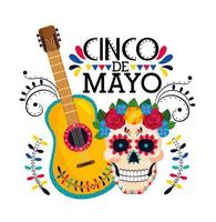 skull with flowers decoration and mexican guitar vector