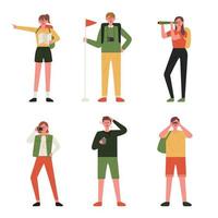 Young people in hiking gear vector