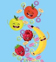 happy apples with strawberry and blackberry with cereal vector