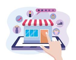 hand with tablet technogy and digital market to shopping online vector
