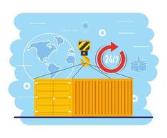 containers with crane hook and global map service vector