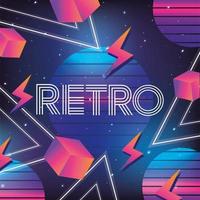 geometric neon retro graphic with circles, cubes and lightning vector