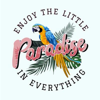 paradise slogan with macaw bird and palm leaf illustration
