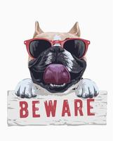 bull dog cartoon illustration holding beware sign vector