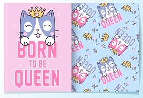 Hand drawn cute queen cat with pattern set vector