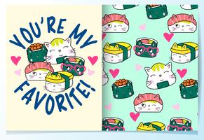 Hand drawn cute japanese sushi with pattern set vector