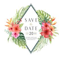 Save the Date watercolor Hibiscus bouquet card. vector