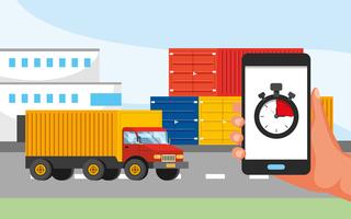 Trucking service with hand holding phone with stopwatch graphic  vector