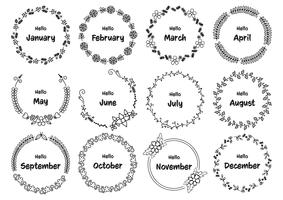 Hand drawn floral round frames set with months of the year vector