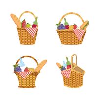 Set of picnic basket with food and tablecloth decoration vector