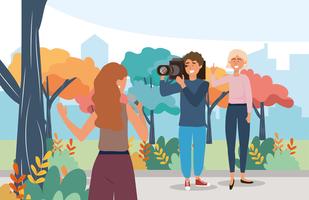 Female reporter with microphone in park  vector