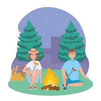 Man and woman with campfire at night  vector