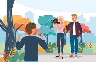 Male reporter with microphone equipment and camerawoman vector