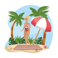 Mujer en bikini con bebida de coco en la playa vector