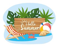 Hello summer wood sign near beach  vector