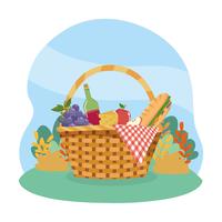 Cesta de picnic con vino y comida fondo blanco. vector