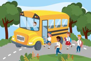 Young students getting on school bus  vector