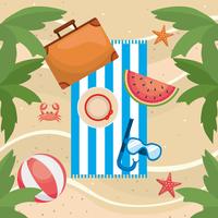 Palm trees with towel and briefcase on the sand  vector