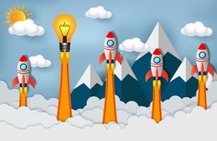 space shuttles and light bulb competing for success in clouds vector