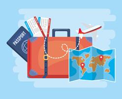Suitcase with passport and map vector