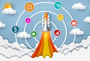 space shuttle launching into the sky with circles and icons vector