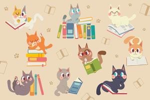 Cute cartoon cats character reading a book pack vector